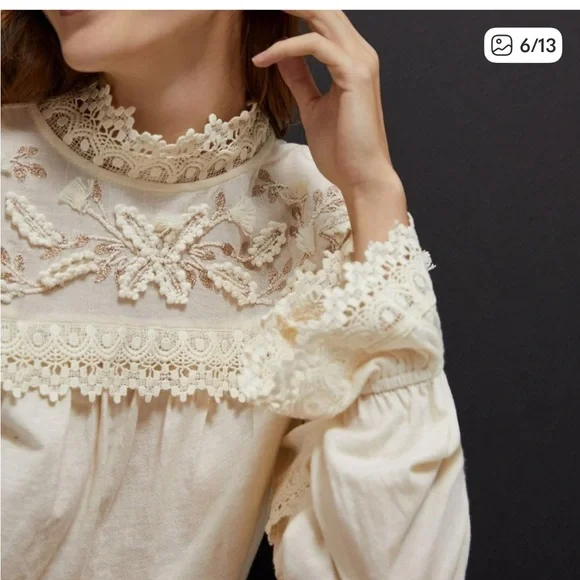 Anthropologie Jenna Lace Bohi Oullover Embroidered Blouse Cream Romantic XL - Picture 2 of 10